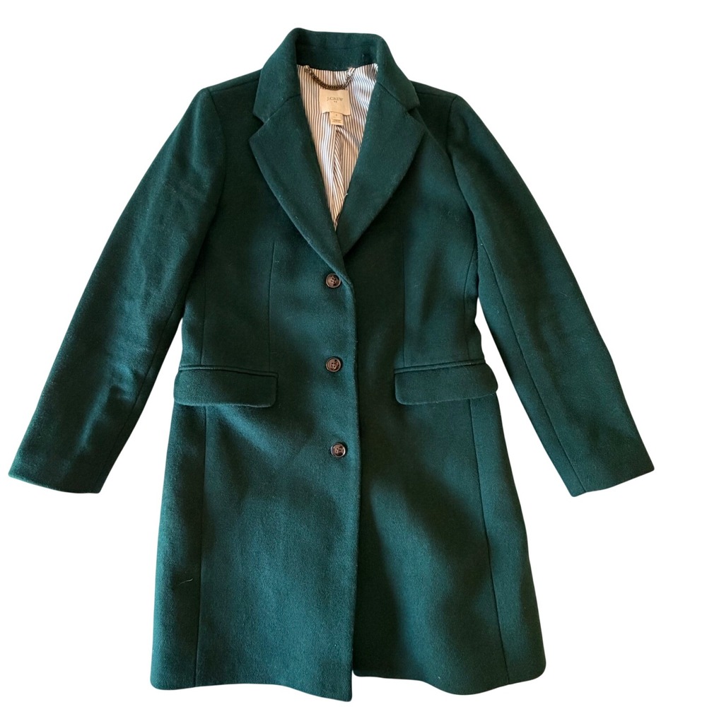 J.Crew Womens Coat Hunter Green Wool Blend Topcoat Jacket Size 2 Notched Lapel